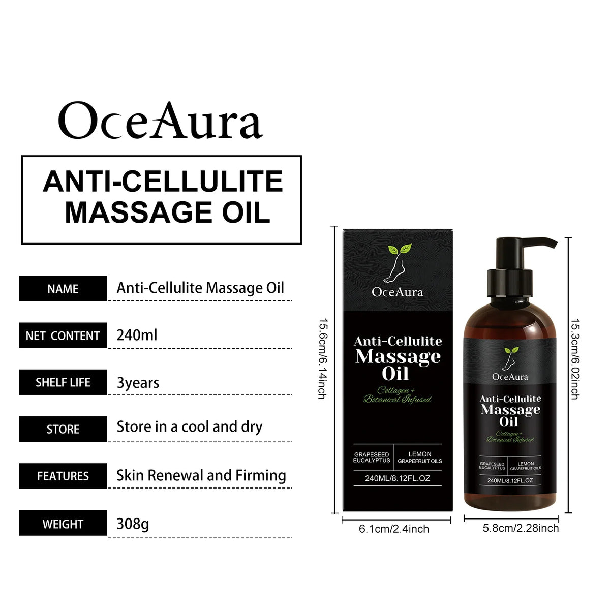 240ml Anti Cellulite Massage Oil Collagen Firming Grapefruit Essential Oil Tighten Abdomen Thigh Nourish Dry Skin Glowing