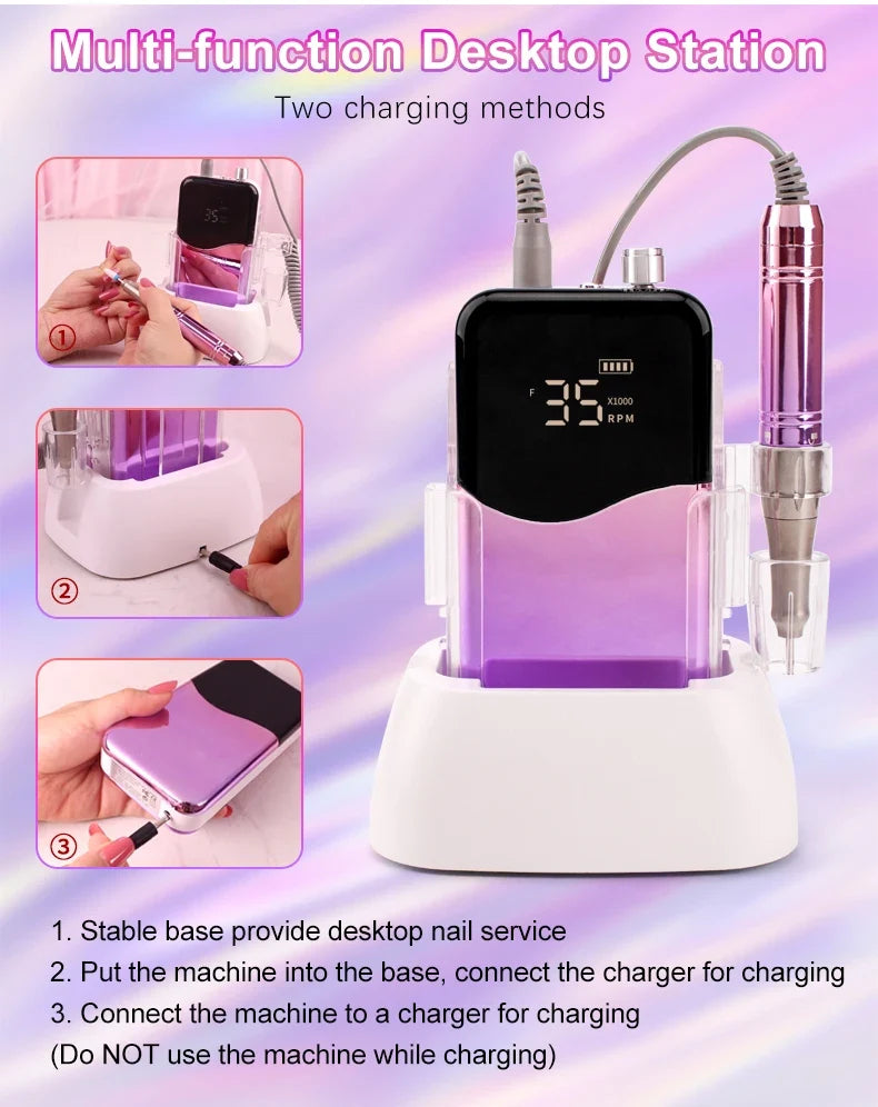 Coreless Motor Handle 35000RPM Portable Professional Nail Drill with Desktop Base 35K Cordless Battery Wireless Powerful Wave