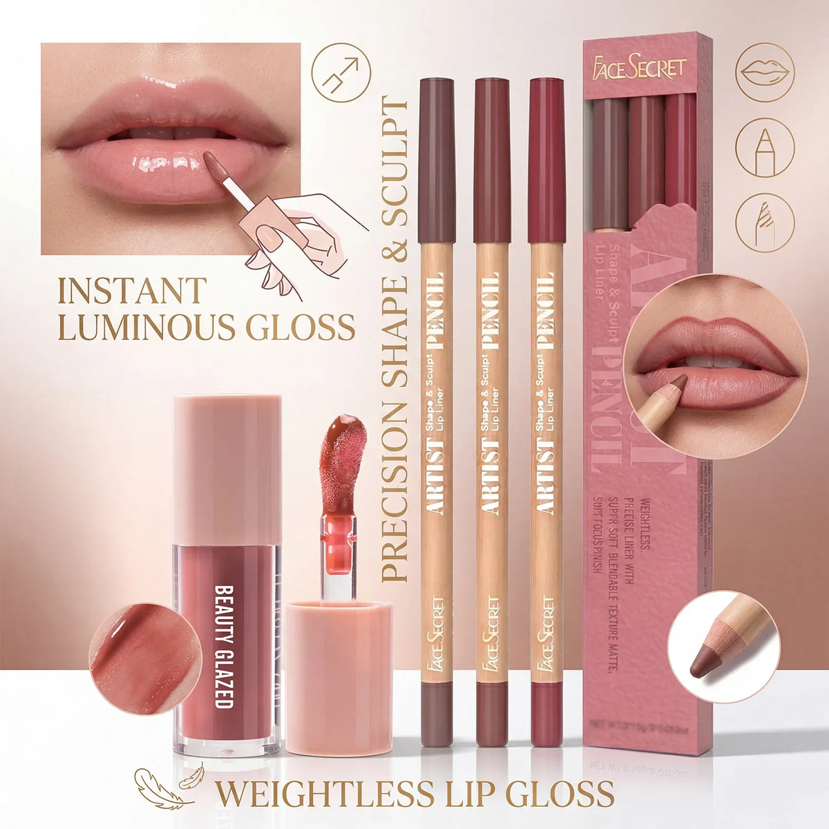 4Pcs Lip Liner & Lip Gloss Set Waterproof Long-lasting Smudge-proof Smooth Daily Lip Makeup Kit