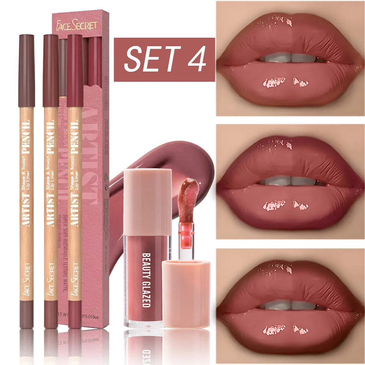 4Pcs Lip Liner & Lip Gloss Set Waterproof Long-lasting Smudge-proof Smooth Daily Lip Makeup Kit