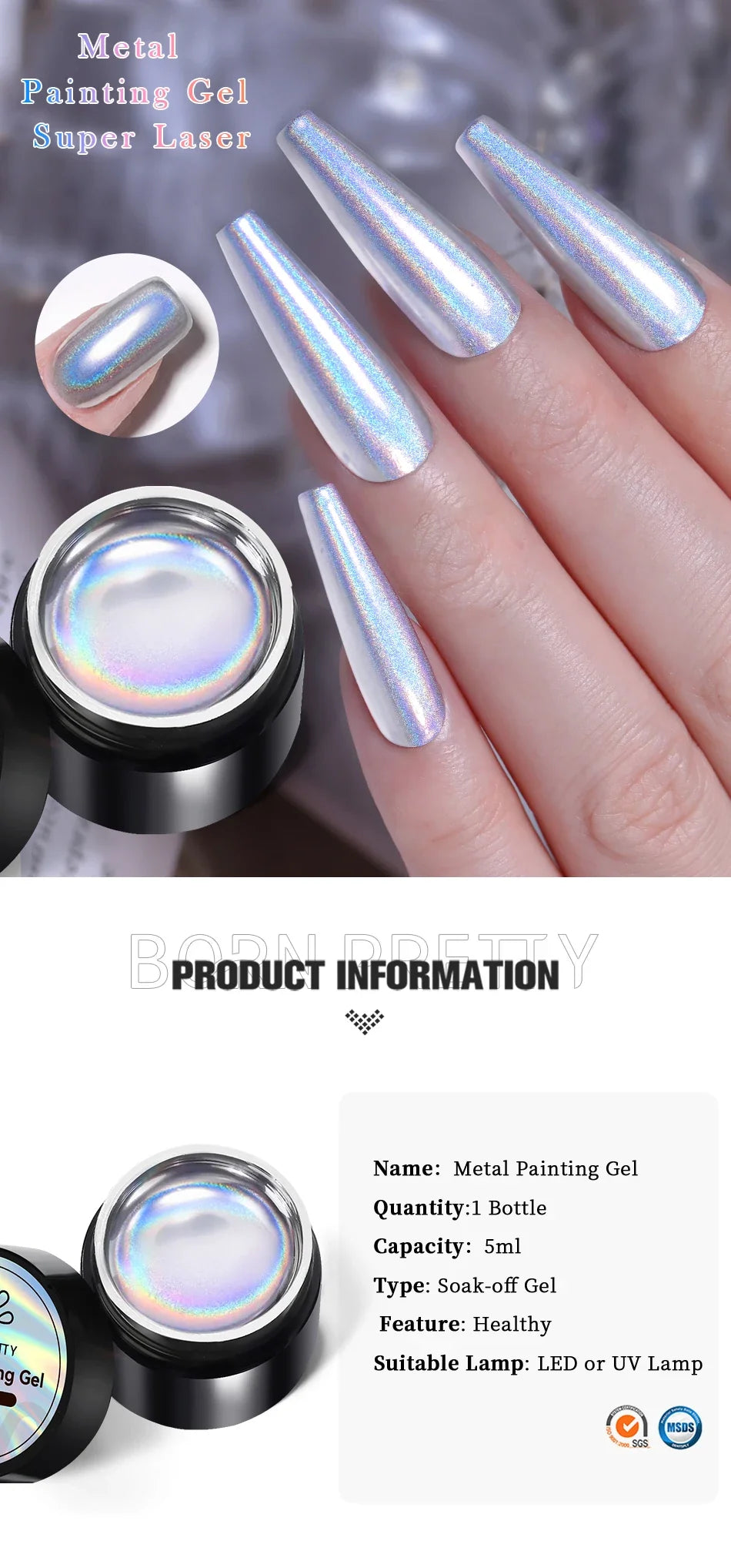 BORN PRETTY Super Holos Metallic Painting Nail Gel for Nails Soak Off Holographics Laser Gel Polish Gold Silver Paint Gel 5ml