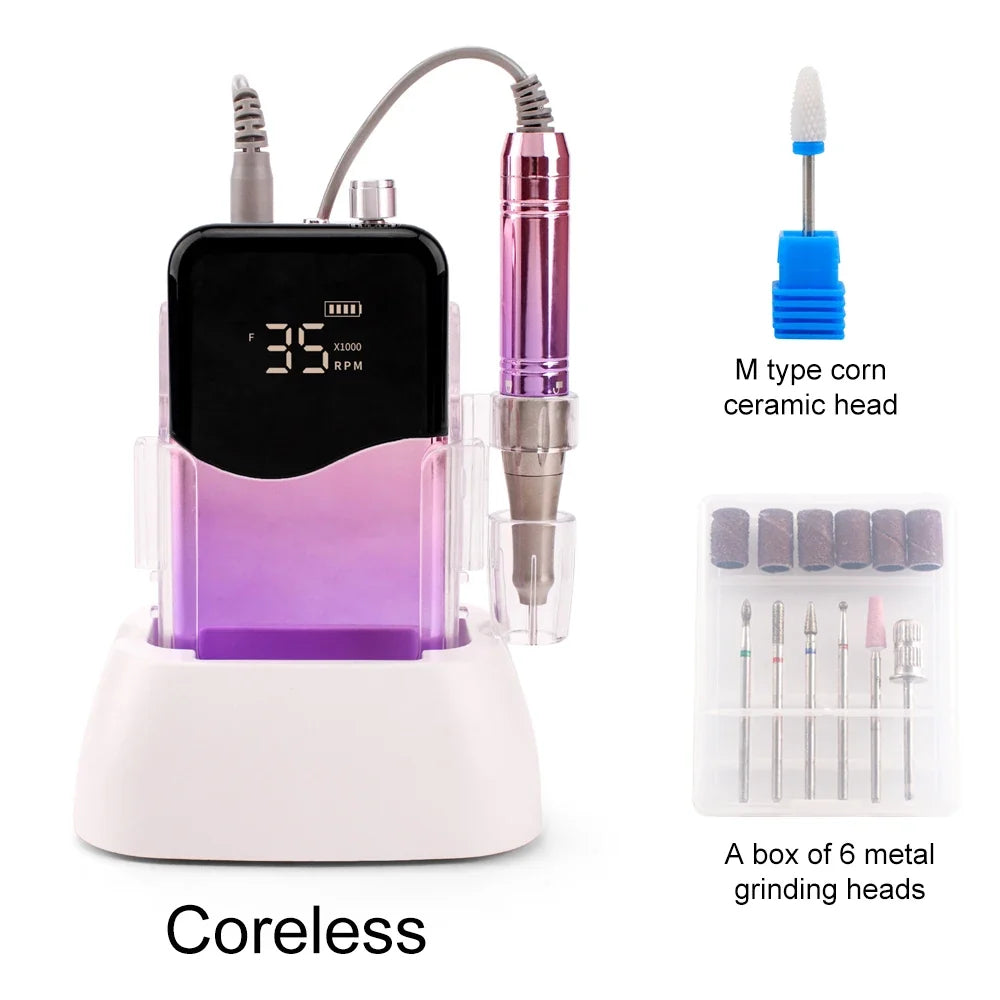 Coreless Motor Handle 35000RPM Portable Professional Nail Drill with Desktop Base 35K Cordless Battery Wireless Powerful Wave