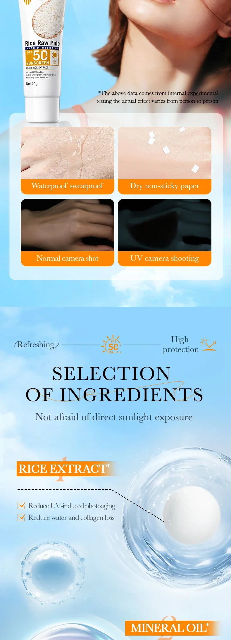 BIOAOUA Rice Puree Sunscreen SPF50+-PA+++ Isolating UV Protection, Waterproof, Suitable for Face, Neck, Body Sunscreen Lotion