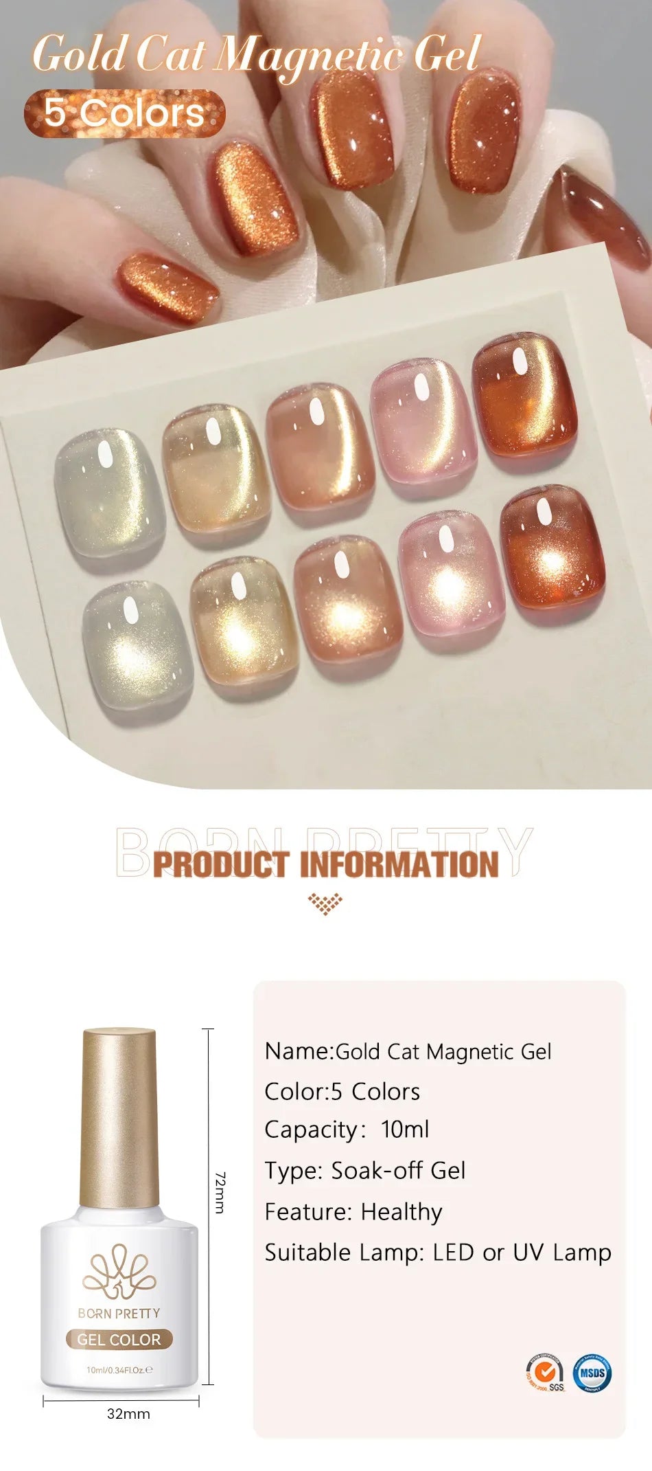 BORN PRETTY 10ml Autumn Gold Pink Glitter Cat Magnetic Gel Nail Polish Jelly Pink Semi Permanent Soak Off UV LED Varnish