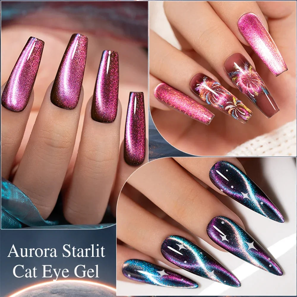 7.5ML Aurora Starlit Cat Eye Gel Nail Polish Rainbow Glitter Galaxy Cat Magnetic Nail Art Gel Soak Off UV Semi-Permanent Varnish