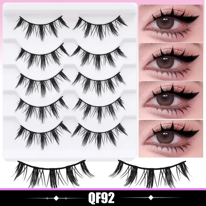 DINGSEN 5 Pairs Manga Lashes Cosplay Fake Eyelashes Strip Lash Soft Natural Look Fox Eye Korean Manhua Makeup False Eyelashes
