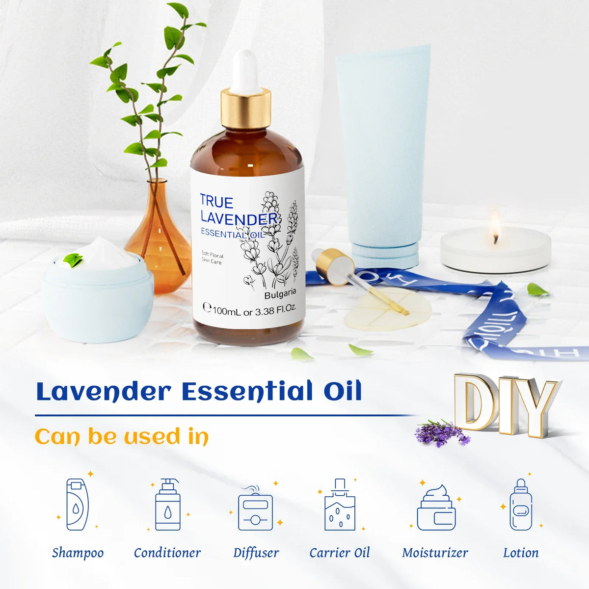 HIQILI 100% Pure Lavender Essential Oil 100ML Aromatherapy Diffuser Oil for Sleep Relaxation Diffuser Massage Skin Care