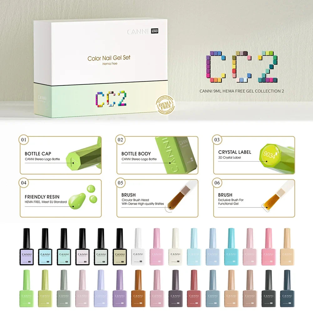CC8 New Kit CANNI 9ML Nail Gel Polish HEMA/TPO FREE 30pcs Color Gel Pigment Professional Long Wear Top Coat Gel Varnish Set