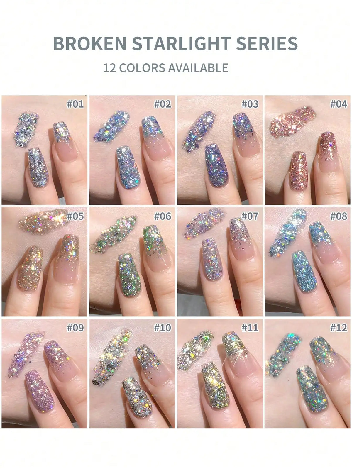 12pcs 15ml Broken Straight Series Glitter Silver Gel Nail Polish Semi-permanent Varnish Soak Off Nail Art Base Top Coat