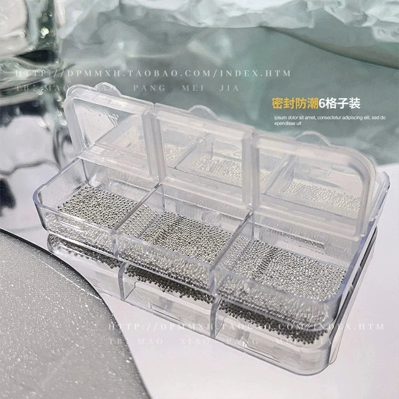 6 Grids Silver Steel Micro Beads Nail Art Decoration, Mixed Sizes-0.6mm 0.8mm 1.0mm, Nail Rhinestones Caviar Beads Nail Supplies