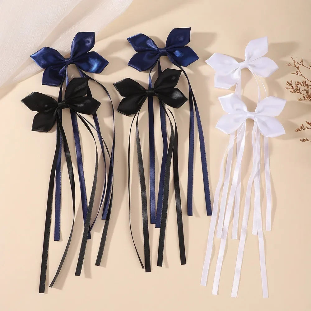 BABY BOWS 2Pcs Silky Satin Long Tassel Bow Hair Rubber Bands Sweet Ribbon Bow Hair Ties for Girls Head Decor