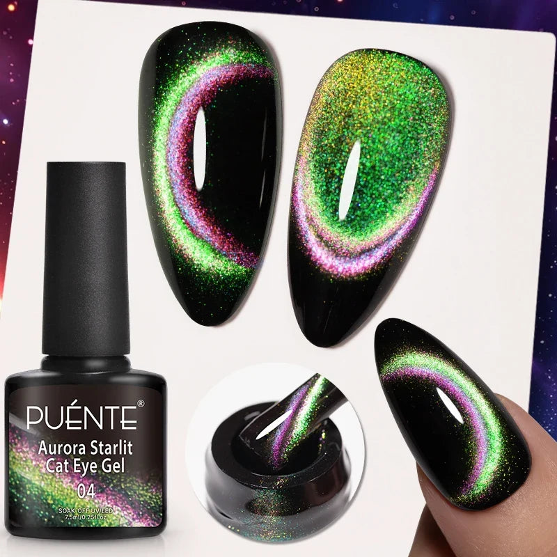 7.5ML Aurora Starlit Cat Eye Gel Nail Polish Rainbow Glitter Galaxy Cat Magnetic Nail Art Gel Soak Off UV Semi-Permanent Varnish