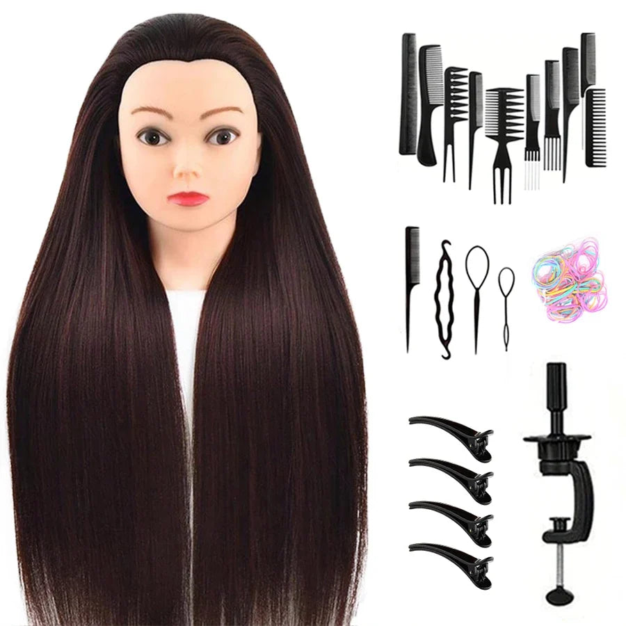 24Inch Mannequin Head with Fiber Hair Model Practice Hairdressing Doll Head Styling Hairdressing Training Braided