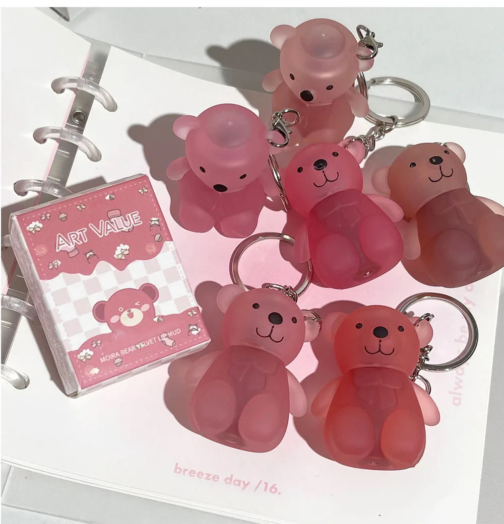 Cute Bear Velvet Lip Mud Keychain Matte Nude Red Lip Gloss Autumn Winter Non-stick Cup Lipstick Waterproof Lasting Lips Makeup