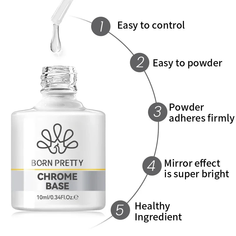BORN PRETTY 10ML Chrome Base for Powder Nail Powder Superior Mirror Effect Metallic Pigment Gel Nail Art Salon DIY