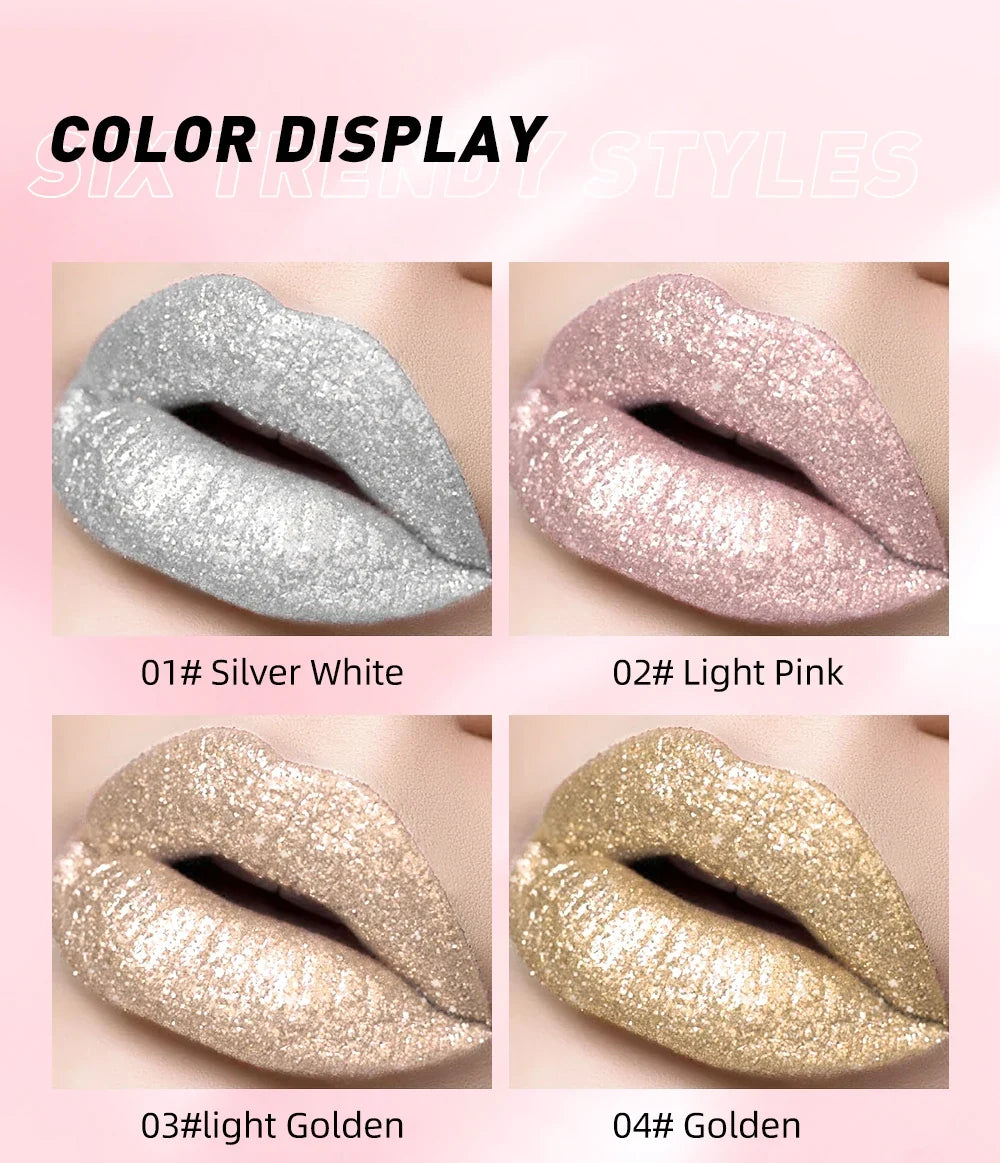 Diamond Glitter Liquid Lipstick Waterproof Long Lasting Pearl Shiny Lip Gloss Metal Charming Lip Glaze Tint Makeup For Women