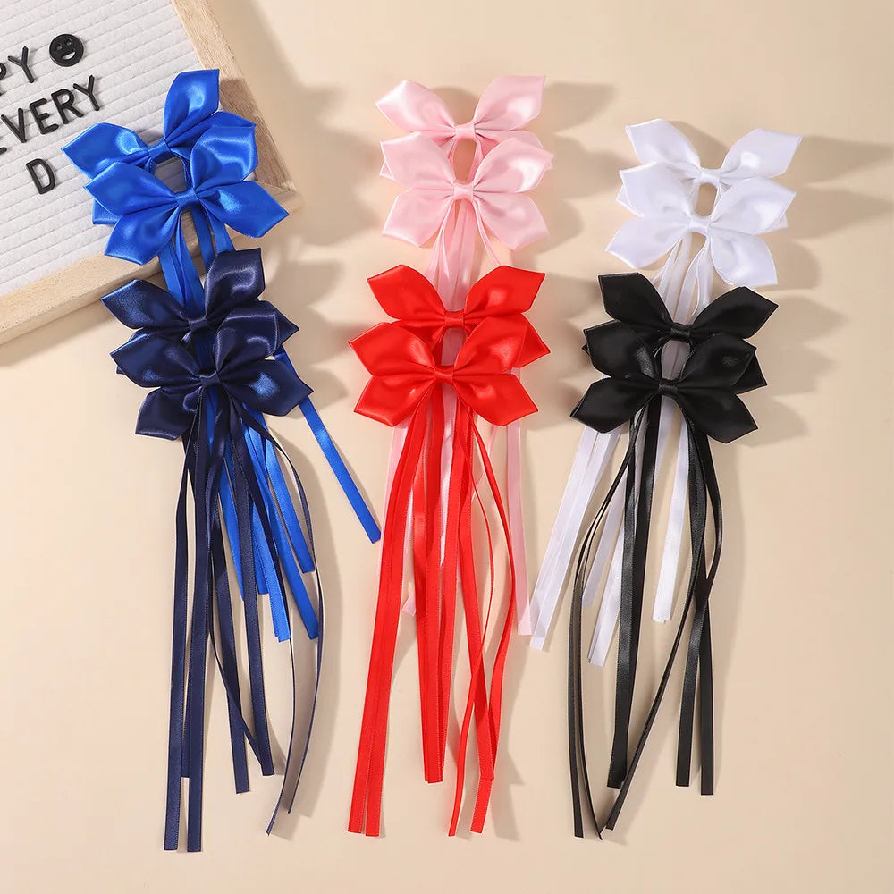 BABY BOWS 2Pcs Silky Satin Long Tassel Bow Hair Rubber Bands Sweet Ribbon Bow Hair Ties for Girls Head Decor