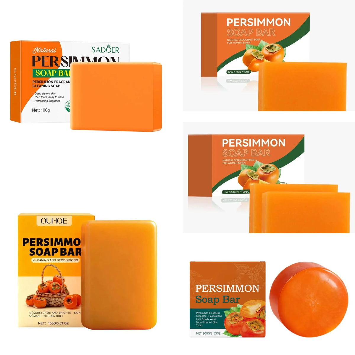 100/200G Persimmon Soap Bar for Body Odor Removal, Handmade Persimmon Green Tea Soap for Face and Body Wash Gentle Deodorant Bar