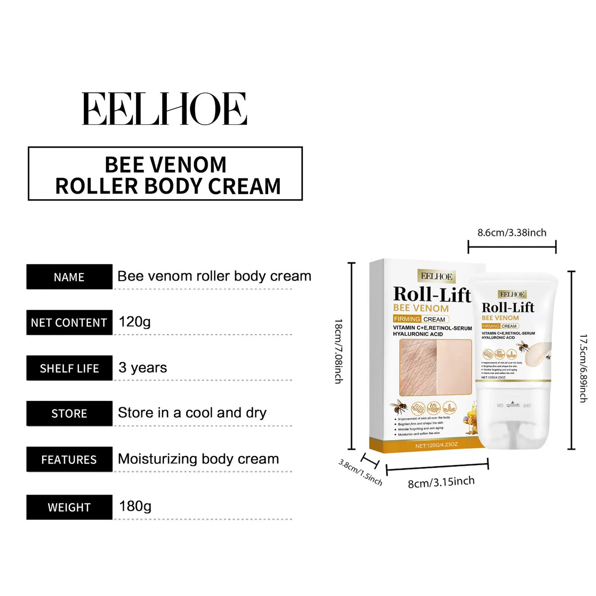 EELHOE Bee Venom Roller Cream Anti-Cellulite Body Massager Moisturizing Body Care Wrinkles Remover Firming Skin Tightening Cream