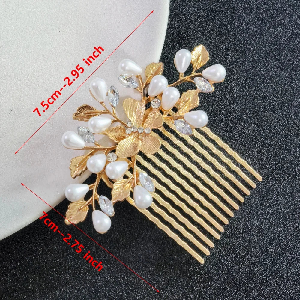 Floral Pearl Rhinestone Hair Comb Elegant Metal Leaf Bridal Hair Clip Pins Wedding Hair Accessory for Bride Updo Hairstyle