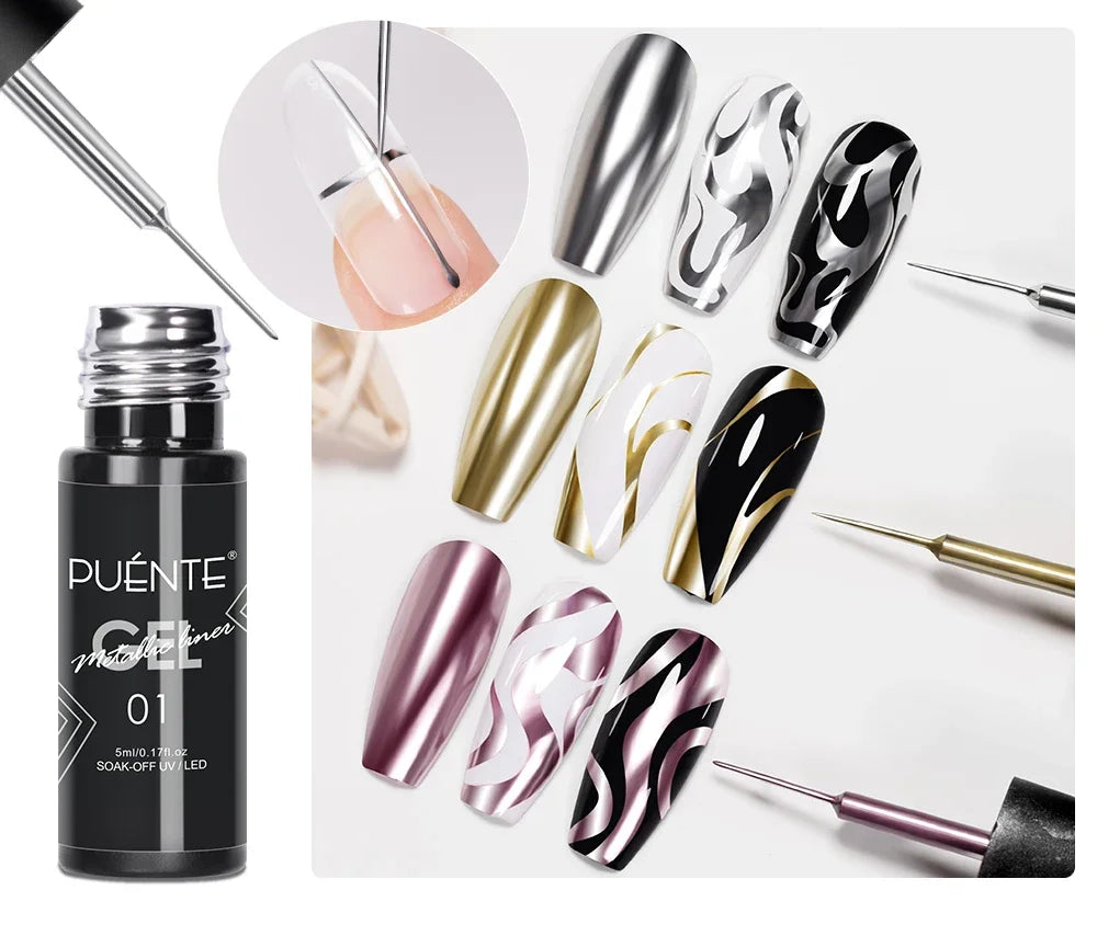 5ml Golden Silvery Metallic Painting Liner Gel Polish Chrome Mirror Effect Semi-Permanent Varnish For Stunning French Nail Art