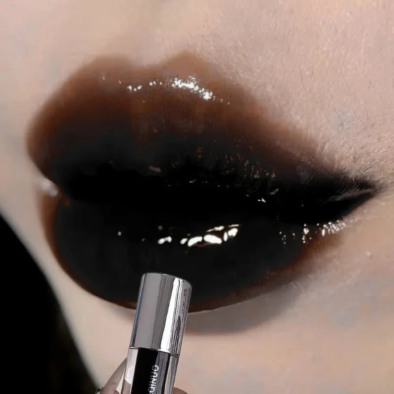 Black Gothic Lip Gloss Mirror Moist Matte Gothic Pure Black Silver Fine Flash Lip Glazed Low Saturation Lasting Lip Tint Makeup