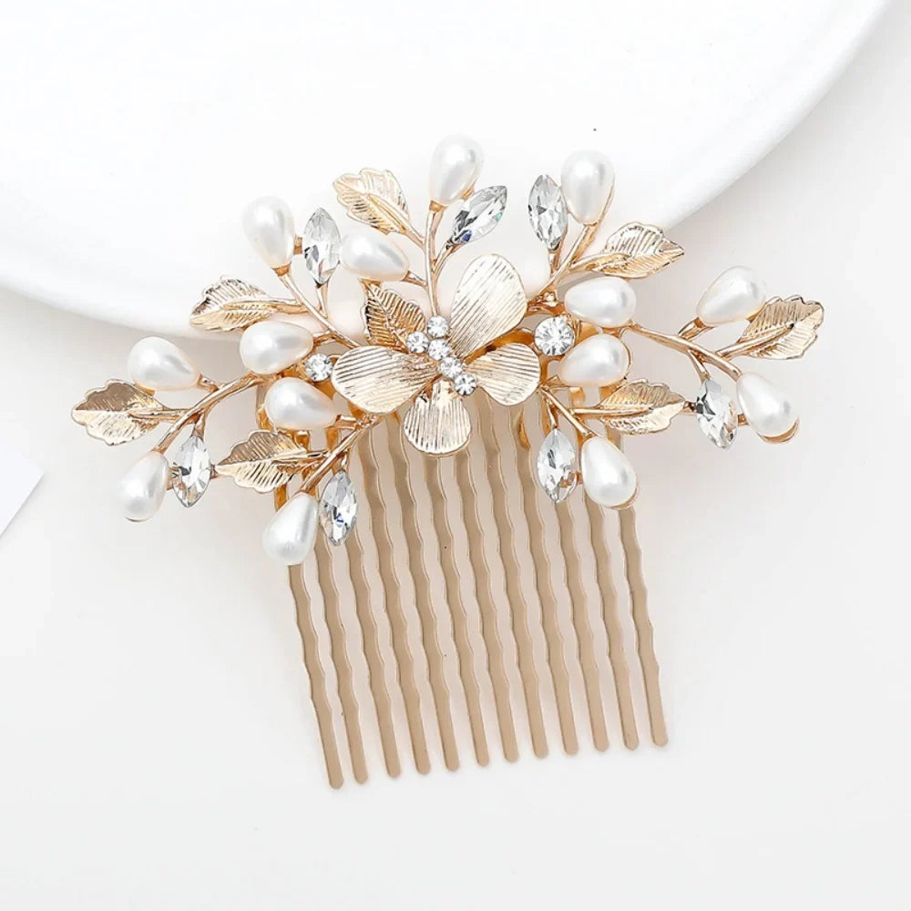 Floral Pearl Rhinestone Hair Comb Elegant Metal Leaf Bridal Hair Clip Pins Wedding Hair Accessory for Bride Updo Hairstyle