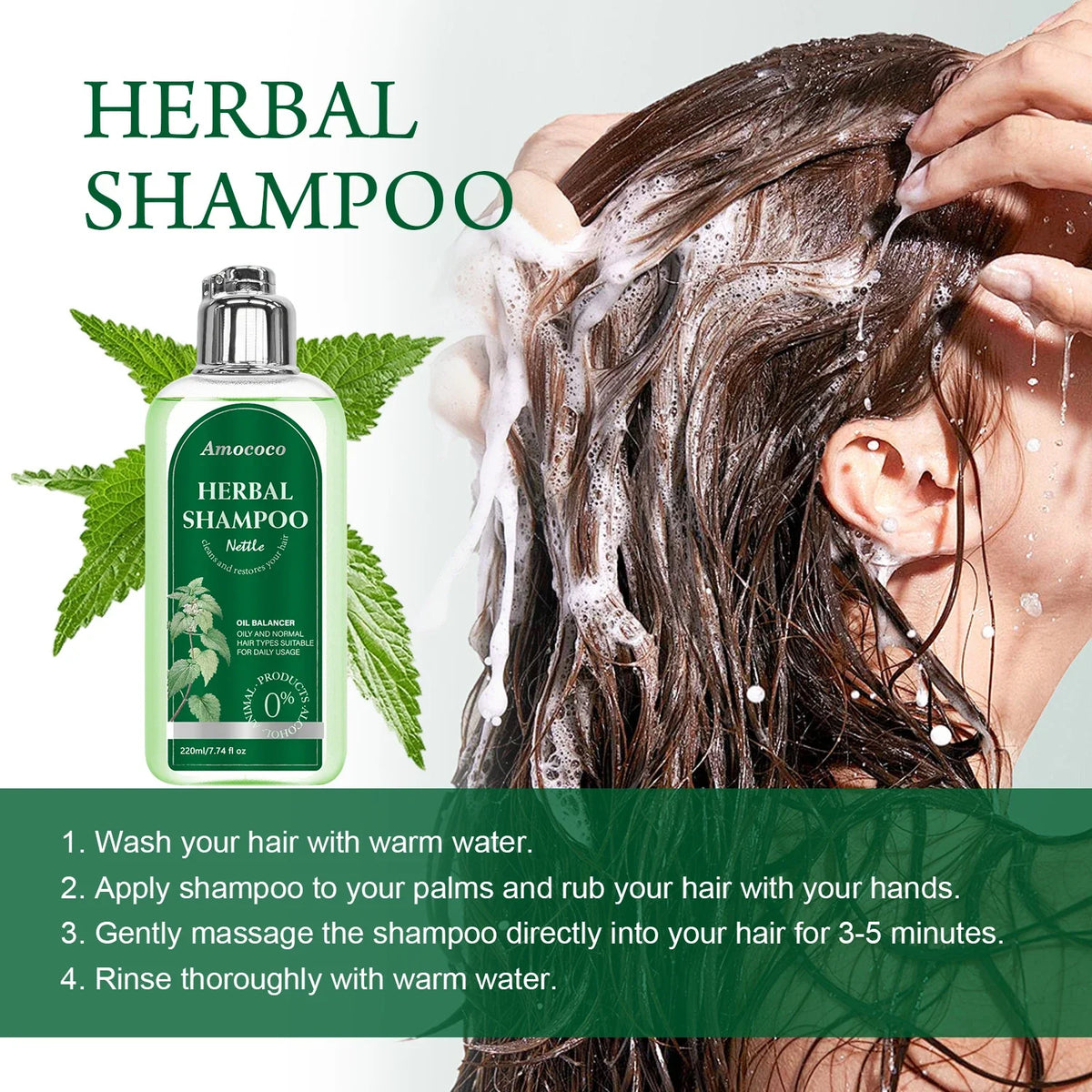Amococo 3pcs Nettle Shampoo 220ml Each Oil Balancing Daily Hair Cleanser for Oily Normal Hair Purifying Scalp Care Gentle Formula
