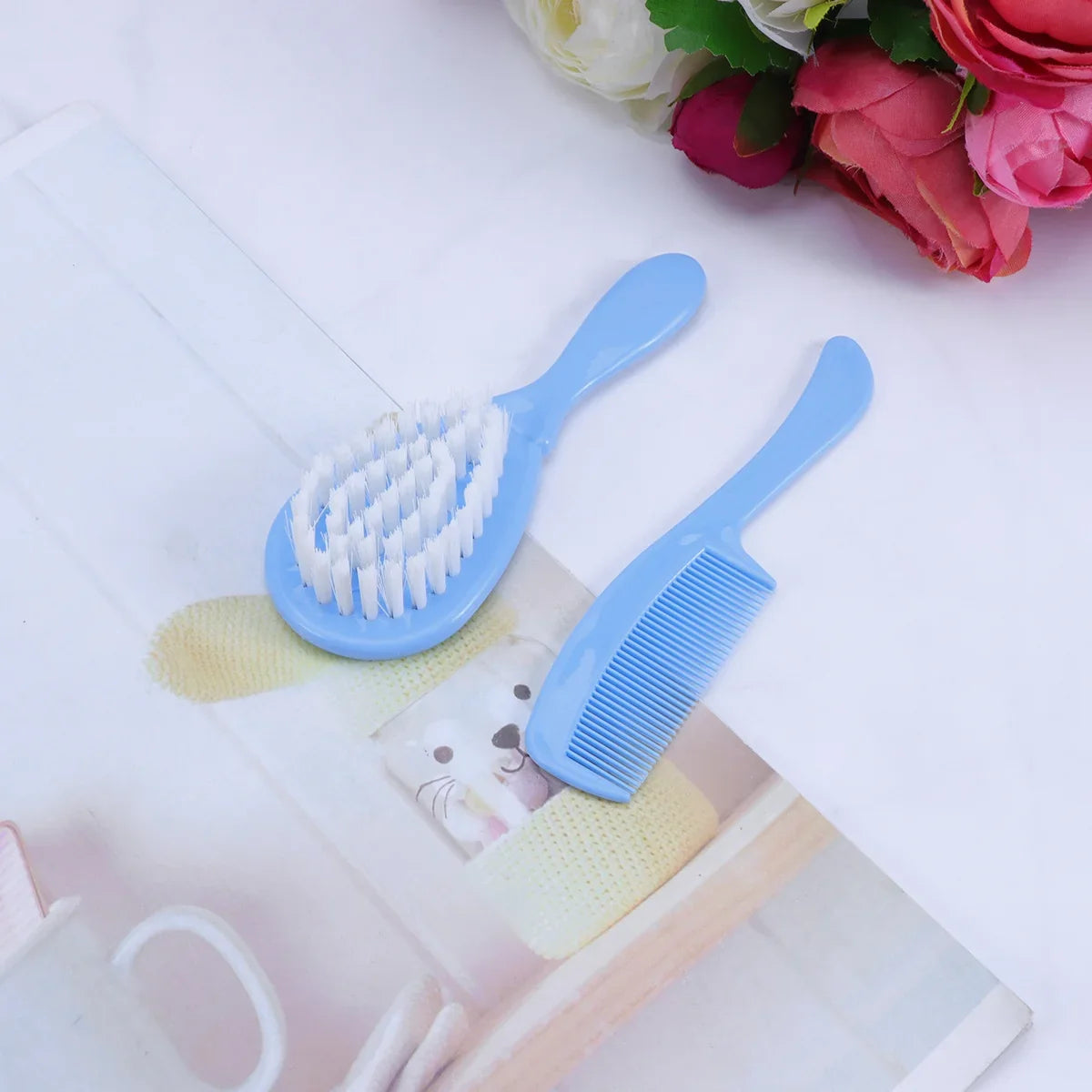 Baby Massage Comb and Brush Set Blue Circular Tooth Design Safe Non Scratch Hair Care Promote Blood Circulation Brain