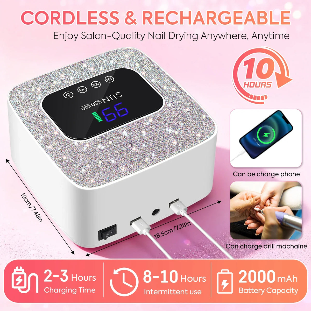DianaBeauty UV LED Nail Lamp Rechargeable Cordless Nail Dryer with 3 Timer Settings and Rhinestone UV Lamp for Nails Manicure