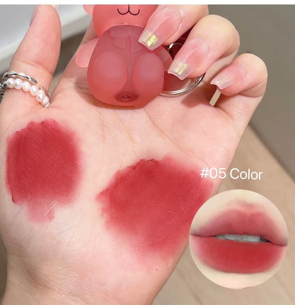 Cute Bear Velvet Lip Mud Keychain Matte Nude Red Lip Gloss Autumn Winter Non-stick Cup Lipstick Waterproof Lasting Lips Makeup