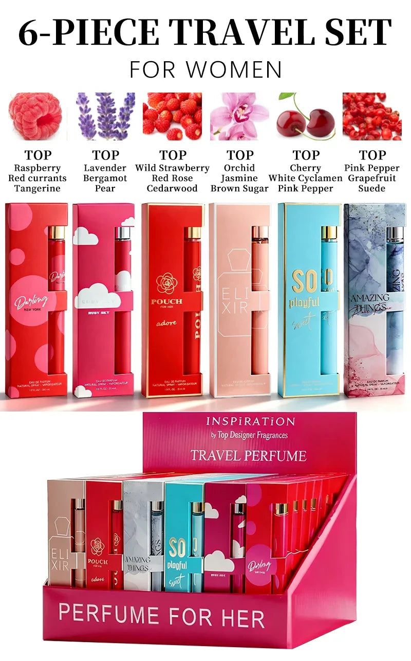 6-piece travel set, men's and women's eau de toilette spray, long-lasting fragrance, 6 different flavors, perfect for holiday gi