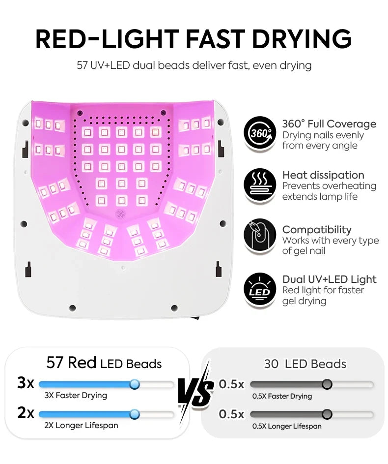Cordless UV/LED Nail Lamp (57 Beads) – 3-Timer Settings, Detachable Base & 2000mAh Rechargeable Battery