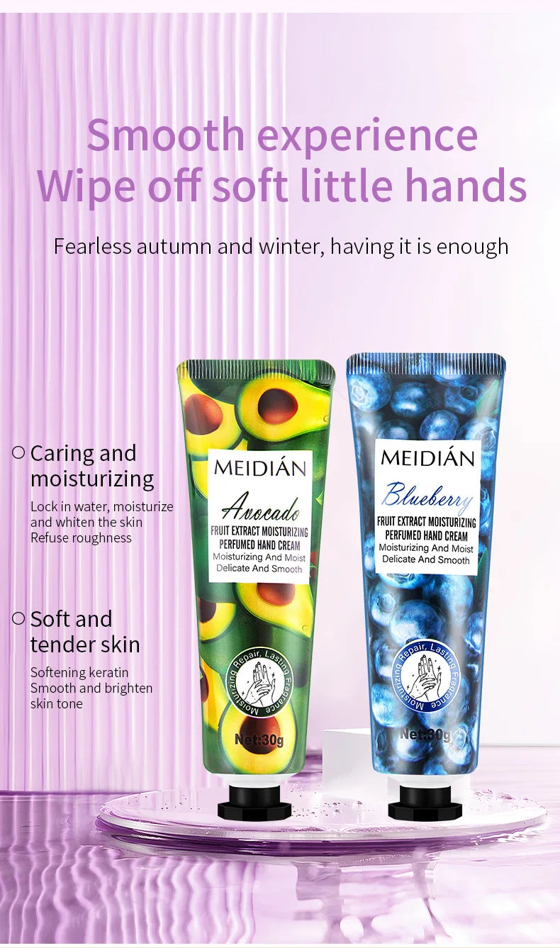 Five piece fruit scented hand cream for moisturizing and long-lasting fragrance retention. Hand care mask cream