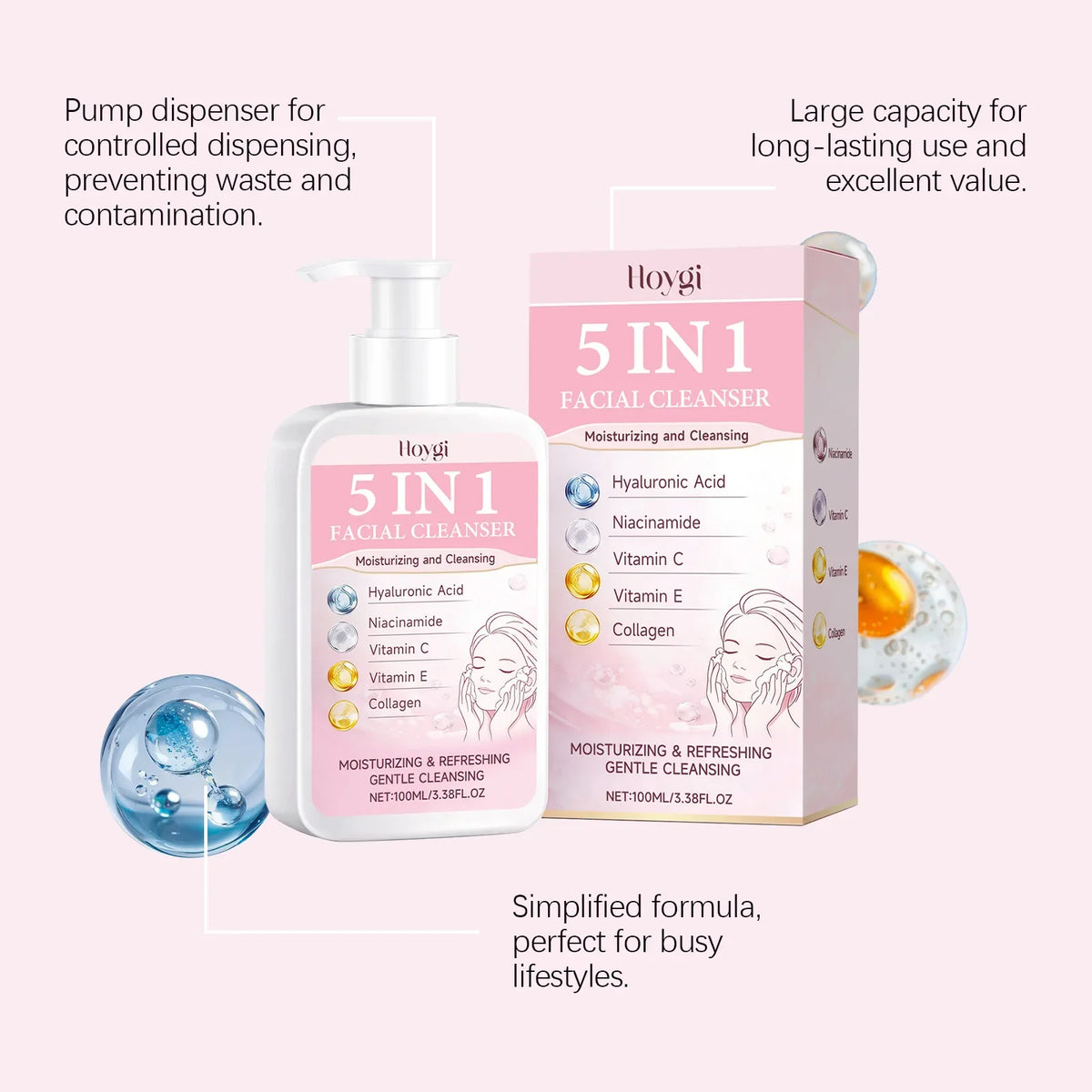 HOYGI Hydrolyzed Collagen Facial Cleanser Foam Deep Cleaning Remove Acne Oil Control Gentle Exfoliating Shrink Pores Face Wash