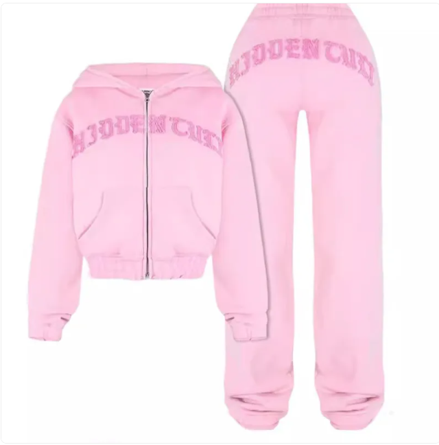 Prism Wellness Letter Sports Suit Zip-up Hooded Cropped Sweatshirt Top And Loose Drawstring Trousers Women's Fashion Clothing