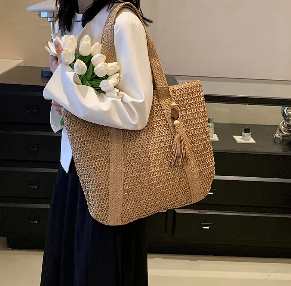 Chic Mahogany Straw Shoulder Bag