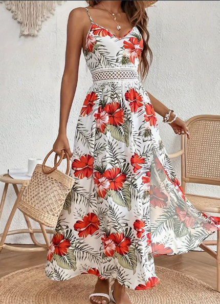 Prism Wellness Womens Spring Summer Chic Maxi Dress - Adjustable Spaghetti Straps, Floral Print, Elegant High Slit - Versatile Day-to-Night Wear