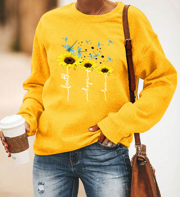 Long-Sleeved Round Neck Sweater with Dragonfly Print