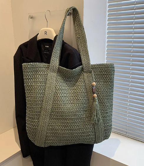 Chic Mahogany Straw Shoulder Bag