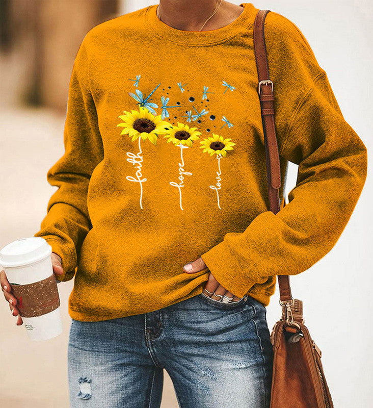 Long-Sleeved Round Neck Sweater with Dragonfly Print