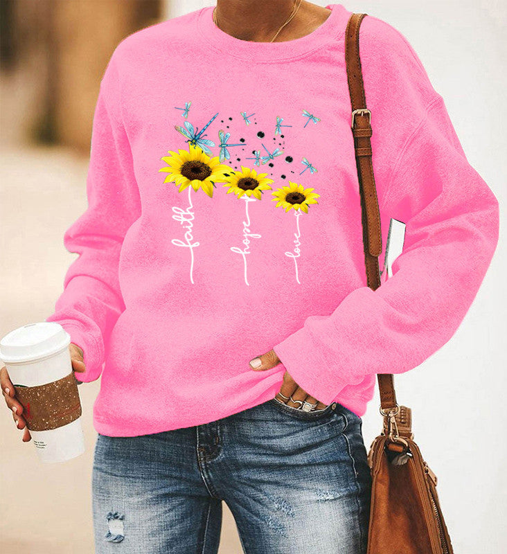 Long-Sleeved Round Neck Sweater with Dragonfly Print