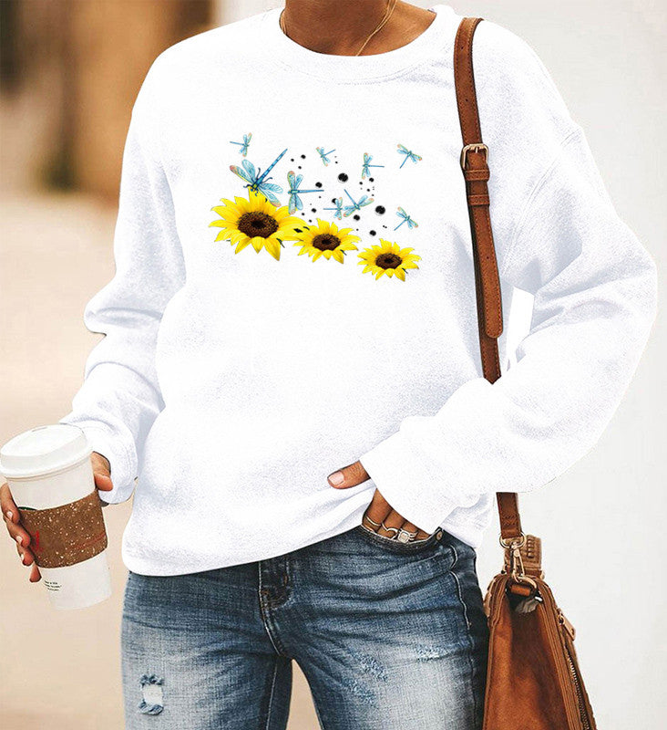 Long-Sleeved Round Neck Sweater with Dragonfly Print